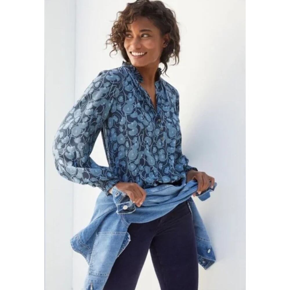 Maeve by Anthropologie Blue Black Colette Flowy Peasant Blouse S Balloon Sleeve